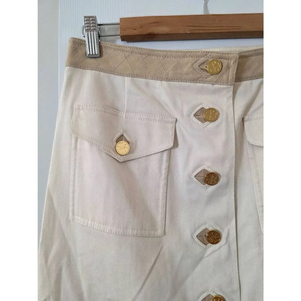 Tory Burch Pencil Skirt Cream Logo Button Front Cargo Pocket NWT $265 Sz 6